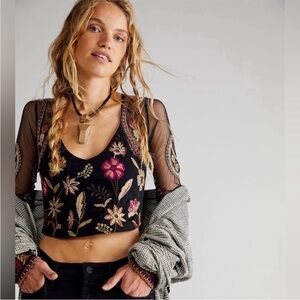 Free People Florence Top Cropped Embroidered Long Sleeve Top Large Boho Festival